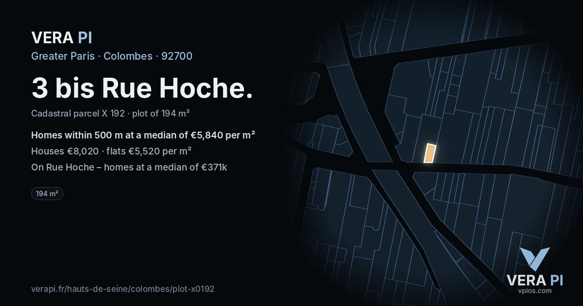3 bis Rue Hoche, Colombes at night – the plot lit, the parcels around coloured by the prices near them