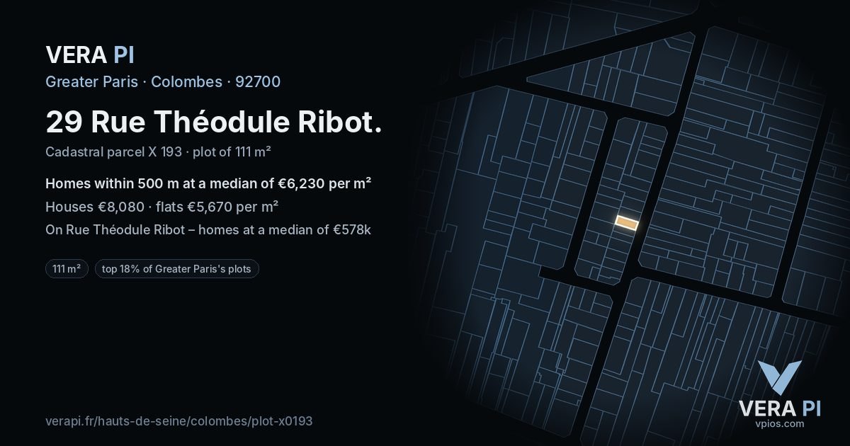 29 Rue Théodule Ribot, Colombes at night – the plot lit, the parcels around coloured by the prices near them