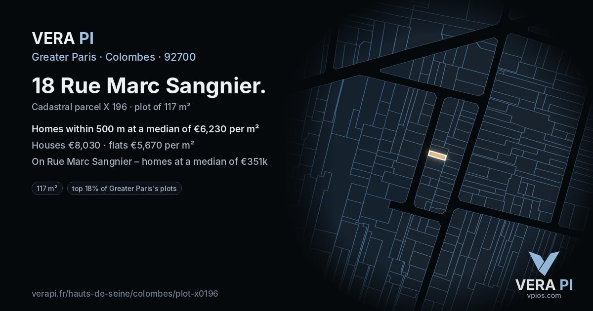 18 Rue Marc Sangnier, Colombes at night – the plot lit, the parcels around coloured by the prices near them