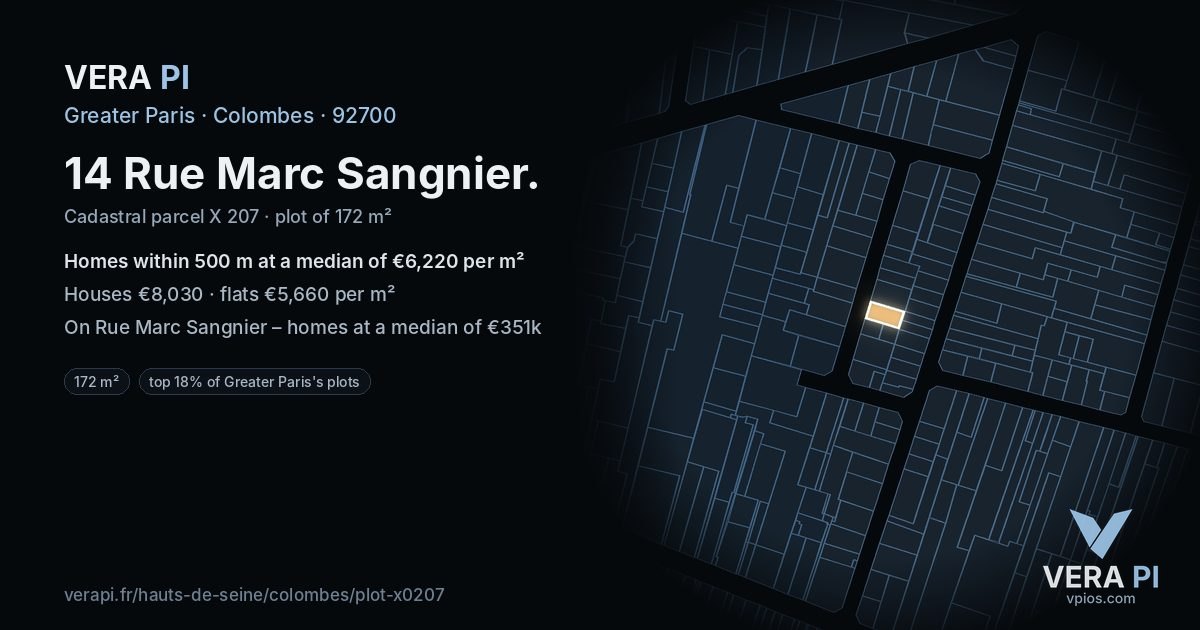14 Rue Marc Sangnier, Colombes at night – the plot lit, the parcels around coloured by the prices near them