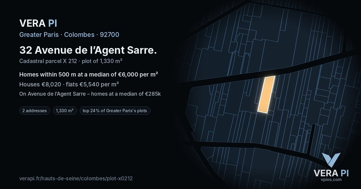 32 Avenue de l’Agent Sarre, Colombes at night – the plot lit, the parcels around coloured by the prices near them