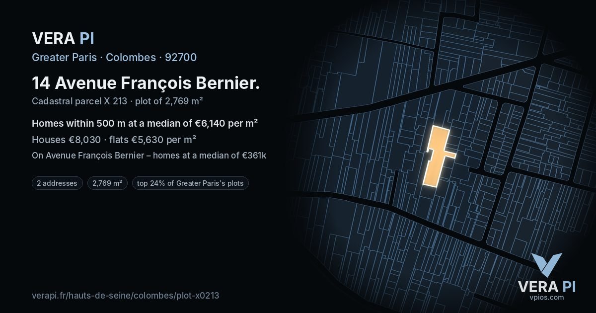 14 Avenue François Bernier, Colombes at night – the plot lit, the parcels around coloured by the prices near them