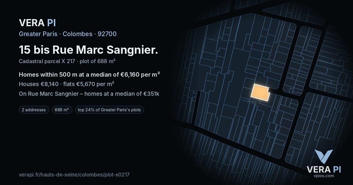 15 bis Rue Marc Sangnier, Colombes at night – the plot lit, the parcels around coloured by the prices near them