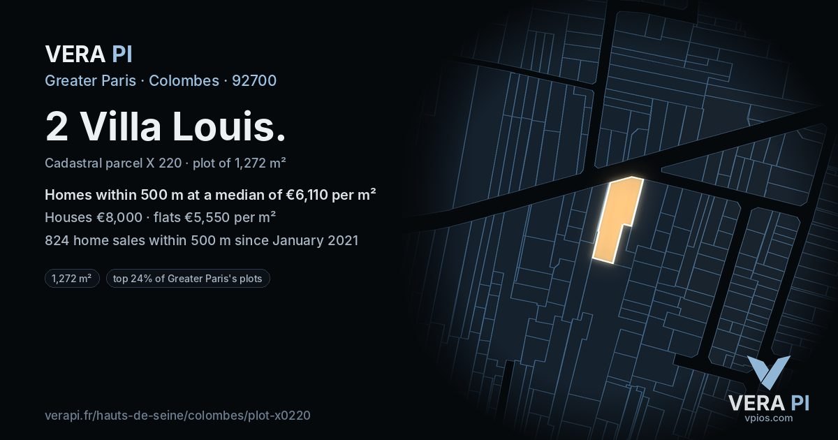 2 Villa Louis, Colombes at night – the plot lit, the parcels around coloured by the prices near them