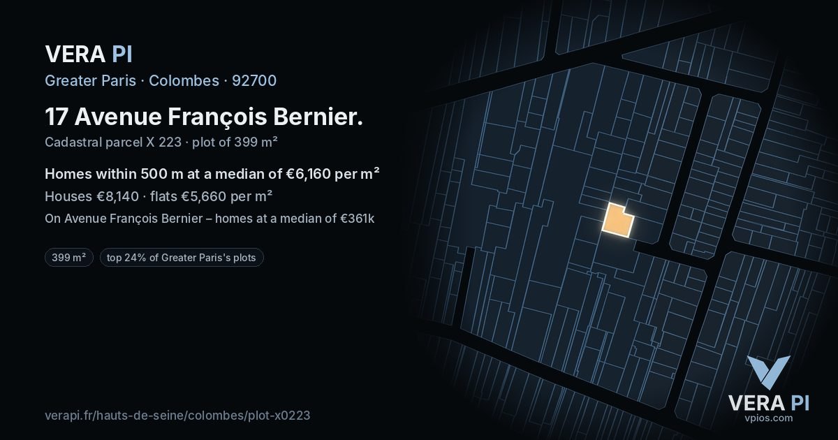 17 Avenue François Bernier, Colombes at night – the plot lit, the parcels around coloured by the prices near them