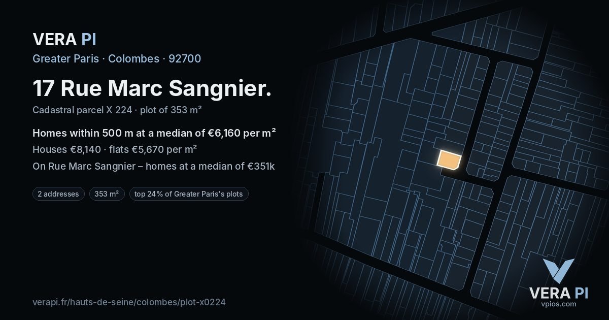 17 Rue Marc Sangnier, Colombes at night – the plot lit, the parcels around coloured by the prices near them