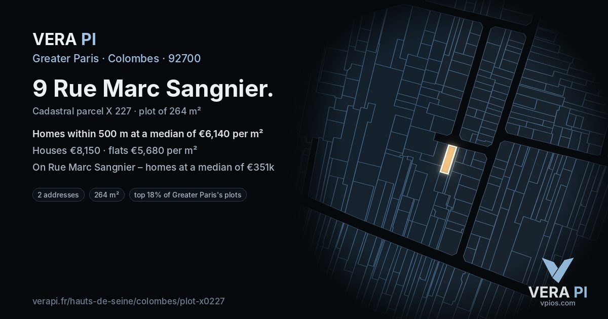 9 Rue Marc Sangnier, Colombes at night – the plot lit, the parcels around coloured by the prices near them