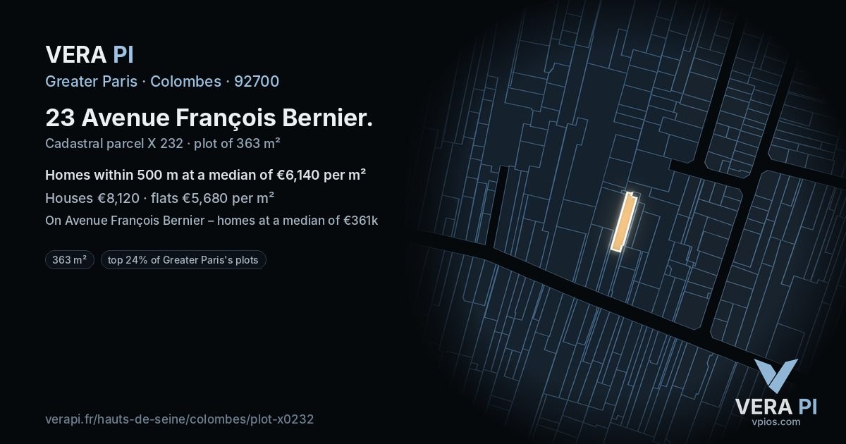 23 Avenue François Bernier, Colombes at night – the plot lit, the parcels around coloured by the prices near them