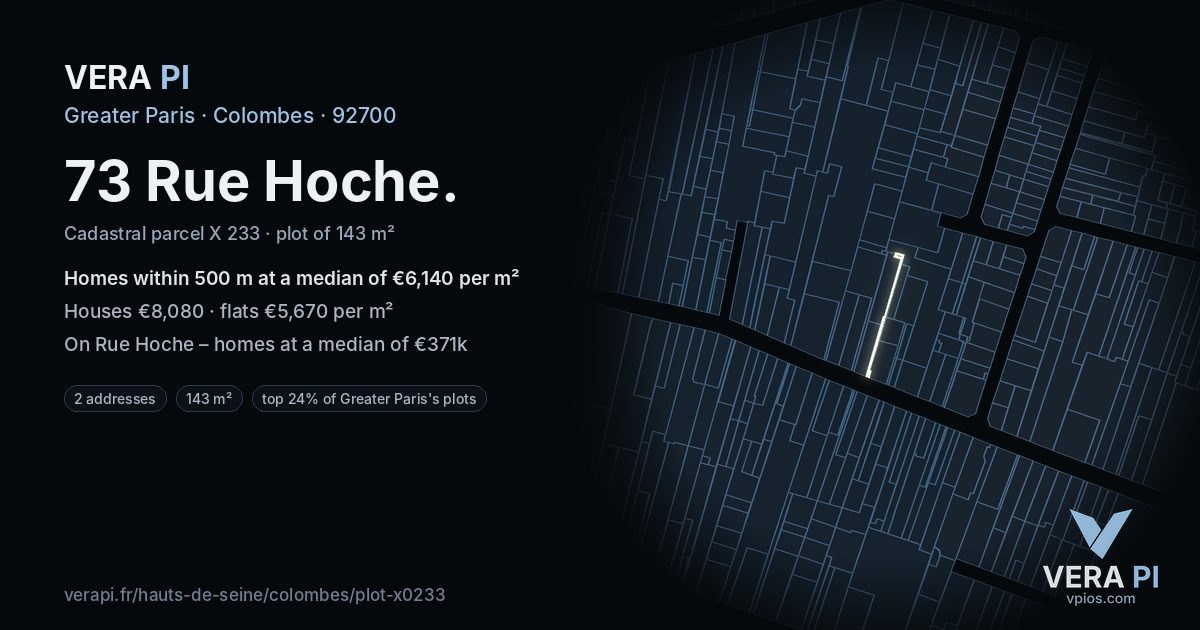 73 Rue Hoche, Colombes at night – the plot lit, the parcels around coloured by the prices near them