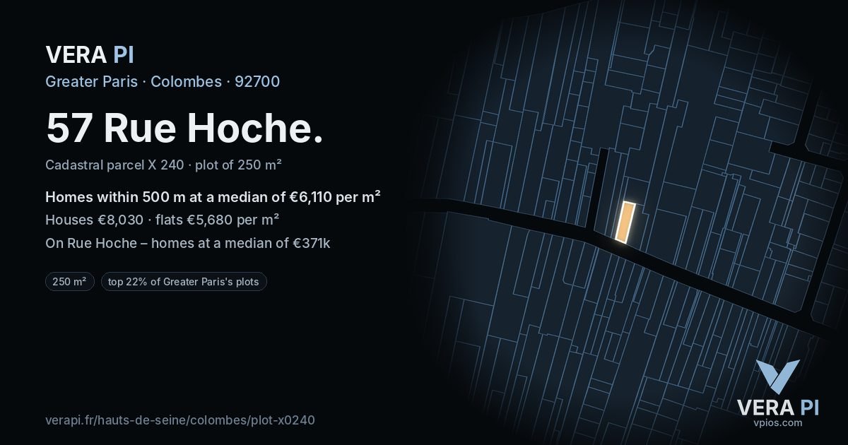 57 Rue Hoche, Colombes at night – the plot lit, the parcels around coloured by the prices near them