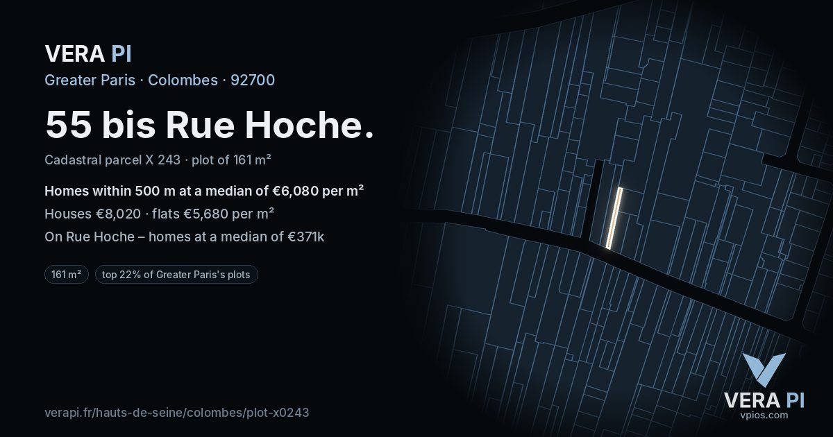55 bis Rue Hoche, Colombes at night – the plot lit, the parcels around coloured by the prices near them
