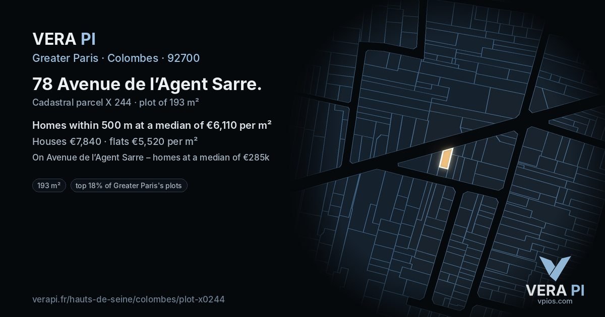 78 Avenue de l’Agent Sarre, Colombes at night – the plot lit, the parcels around coloured by the prices near them