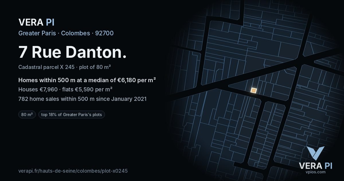 7 Rue Danton, Colombes at night – the plot lit, the parcels around coloured by the prices near them