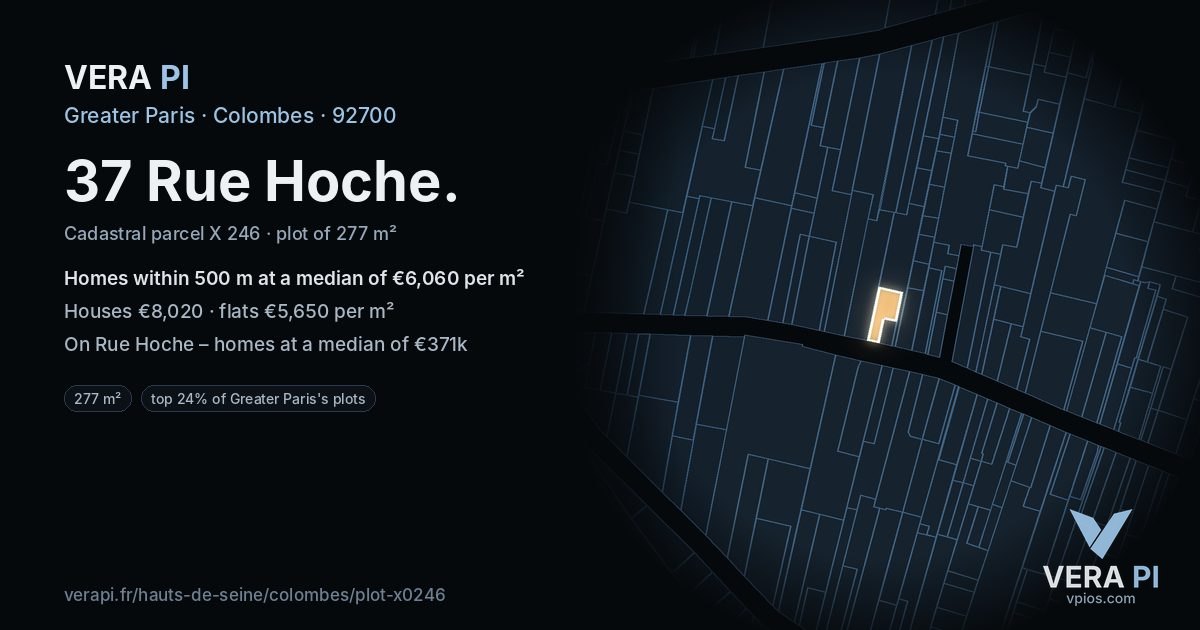37 Rue Hoche, Colombes at night – the plot lit, the parcels around coloured by the prices near them