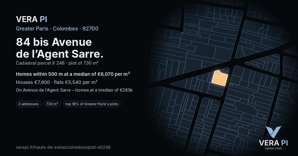 84 bis Avenue de l’Agent Sarre, Colombes at night – the plot lit, the parcels around coloured by the prices near them