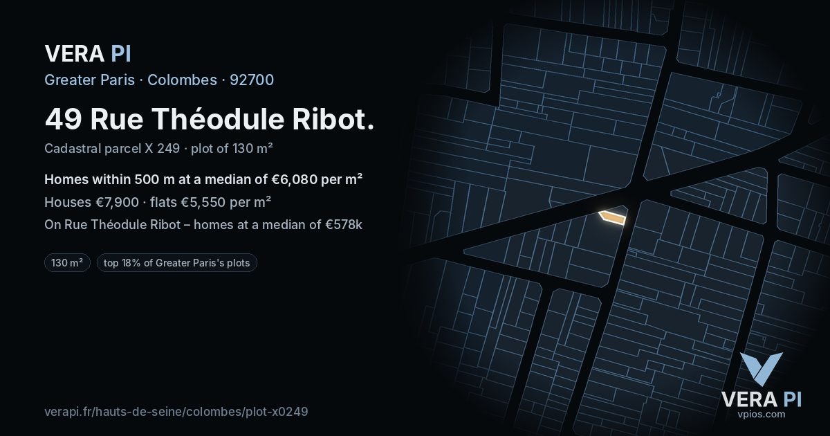 49 Rue Théodule Ribot, Colombes at night – the plot lit, the parcels around coloured by the prices near them