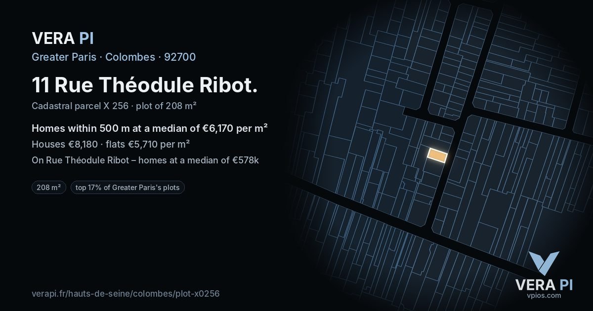 11 Rue Théodule Ribot, Colombes at night – the plot lit, the parcels around coloured by the prices near them