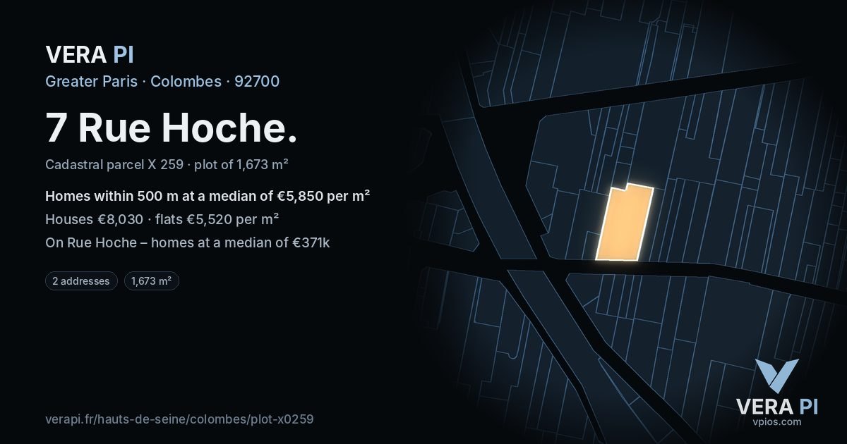 7 Rue Hoche, Colombes at night – the plot lit, the parcels around coloured by the prices near them