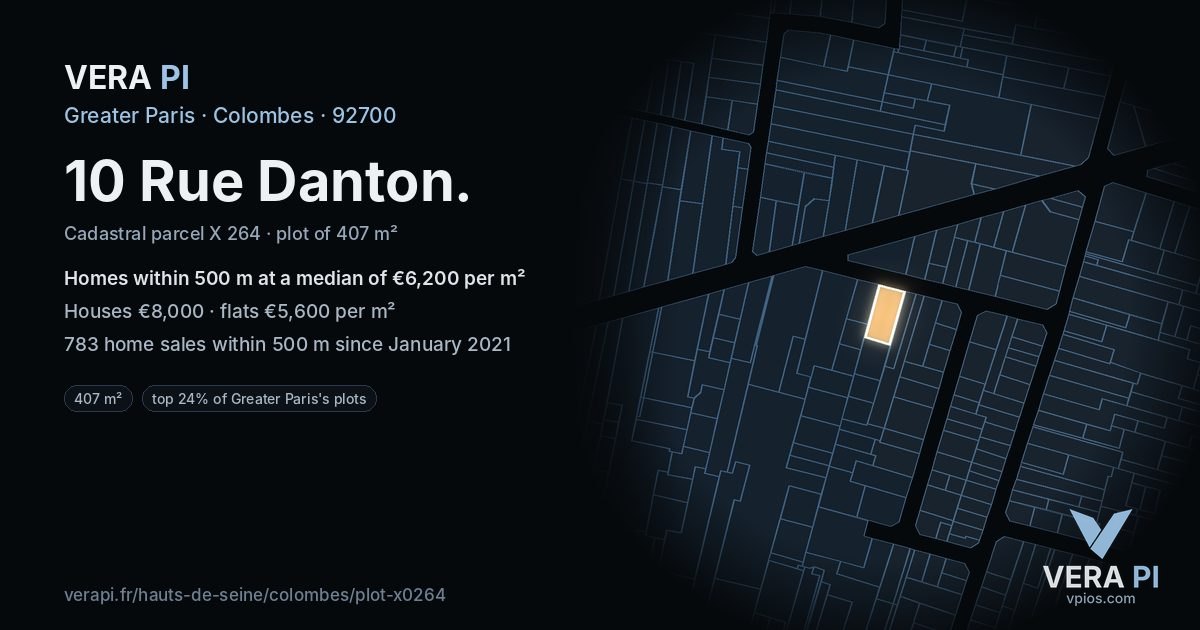 10 Rue Danton, Colombes at night – the plot lit, the parcels around coloured by the prices near them