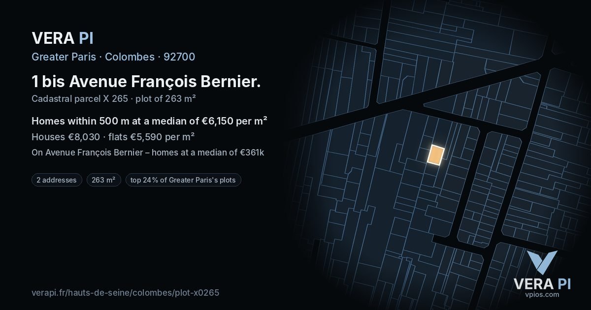 1 bis Avenue François Bernier, Colombes at night – the plot lit, the parcels around coloured by the prices near them
