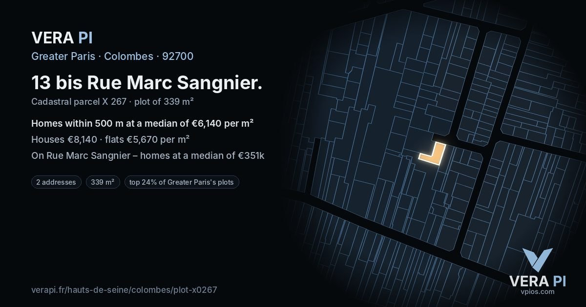 13 bis Rue Marc Sangnier, Colombes at night – the plot lit, the parcels around coloured by the prices near them