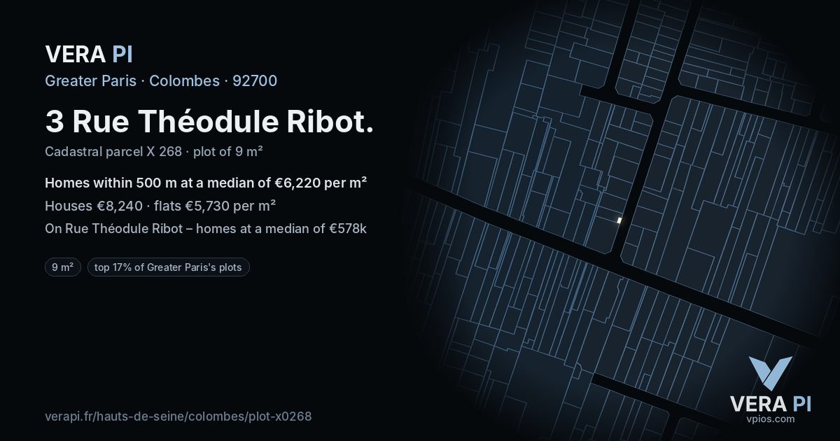 3 Rue Théodule Ribot, Colombes at night – the plot lit, the parcels around coloured by the prices near them