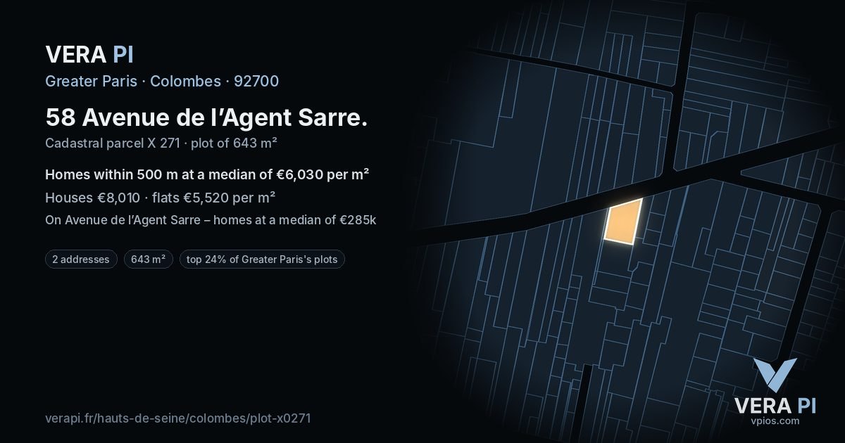 58 Avenue de l’Agent Sarre, Colombes at night – the plot lit, the parcels around coloured by the prices near them