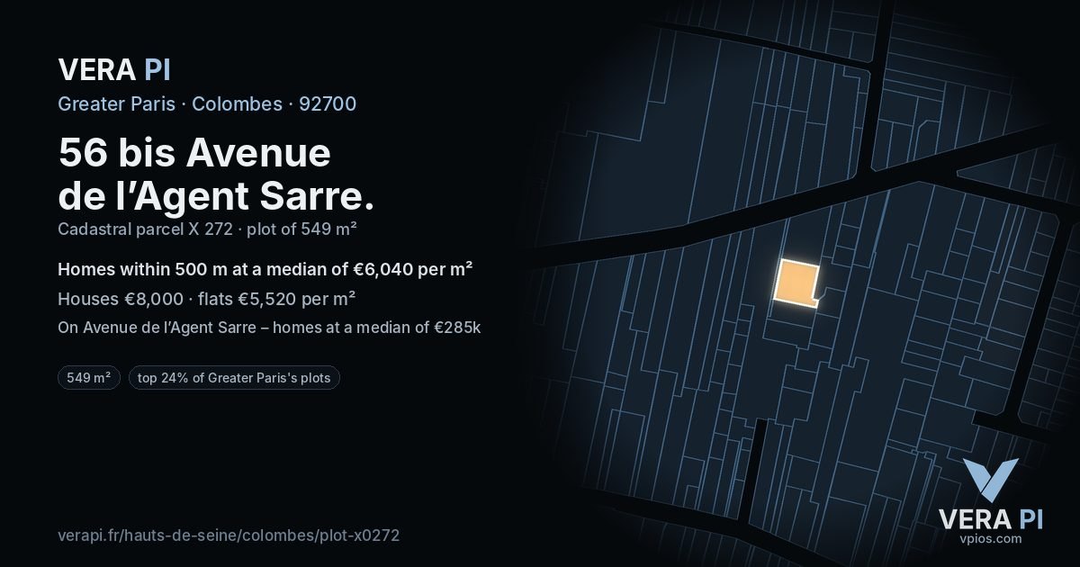 56 bis Avenue de l’Agent Sarre, Colombes at night – the plot lit, the parcels around coloured by the prices near them