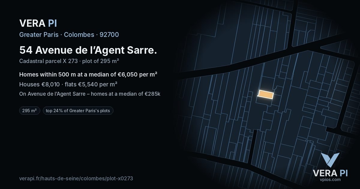 54 Avenue de l’Agent Sarre, Colombes at night – the plot lit, the parcels around coloured by the prices near them