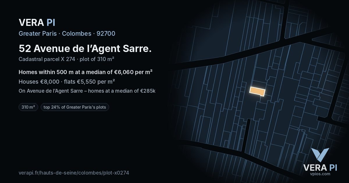 52 Avenue de l’Agent Sarre, Colombes at night – the plot lit, the parcels around coloured by the prices near them