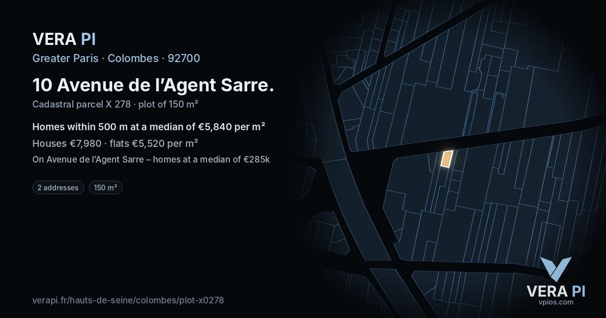 10 Avenue de l’Agent Sarre, Colombes at night – the plot lit, the parcels around coloured by the prices near them