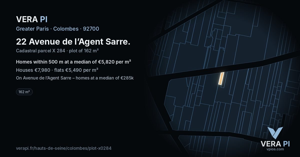 22 Avenue de l’Agent Sarre, Colombes at night – the plot lit, the parcels around coloured by the prices near them