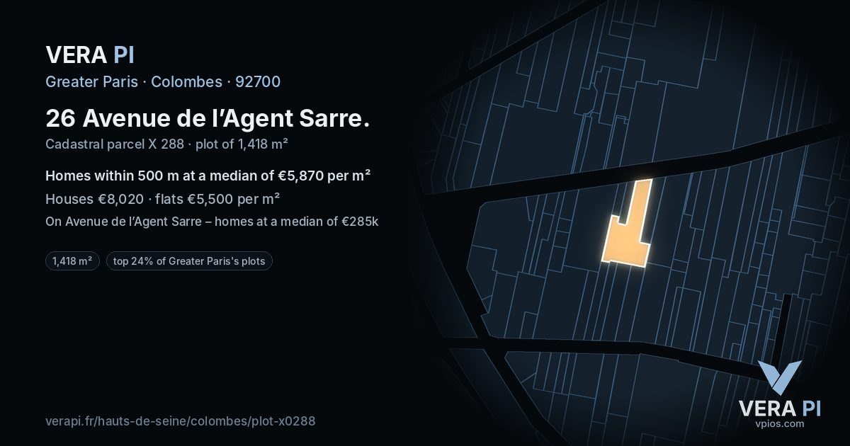 26 Avenue de l’Agent Sarre, Colombes at night – the plot lit, the parcels around coloured by the prices near them
