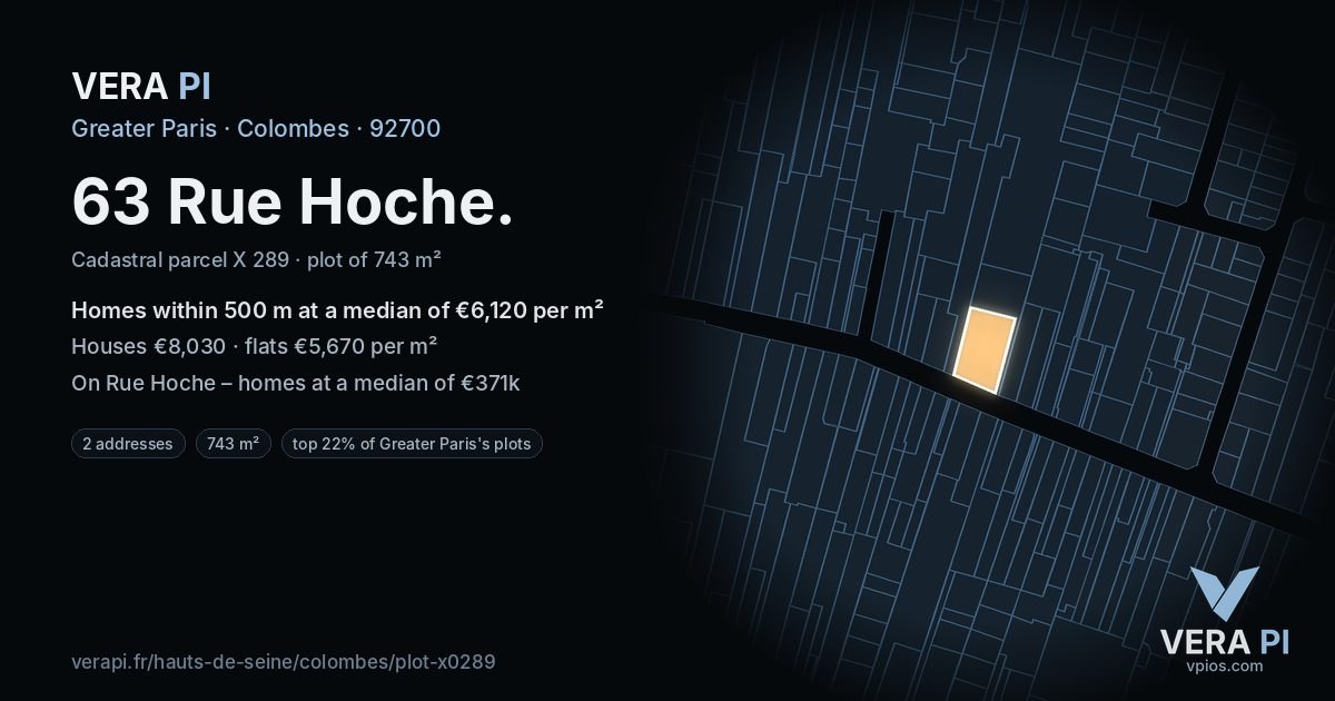 63 Rue Hoche, Colombes at night – the plot lit, the parcels around coloured by the prices near them