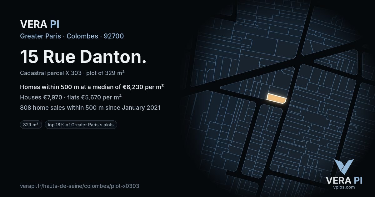 15 Rue Danton, Colombes at night – the plot lit, the parcels around coloured by the prices near them