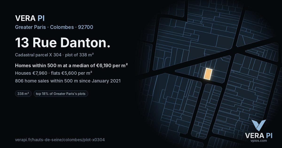 13 Rue Danton, Colombes at night – the plot lit, the parcels around coloured by the prices near them