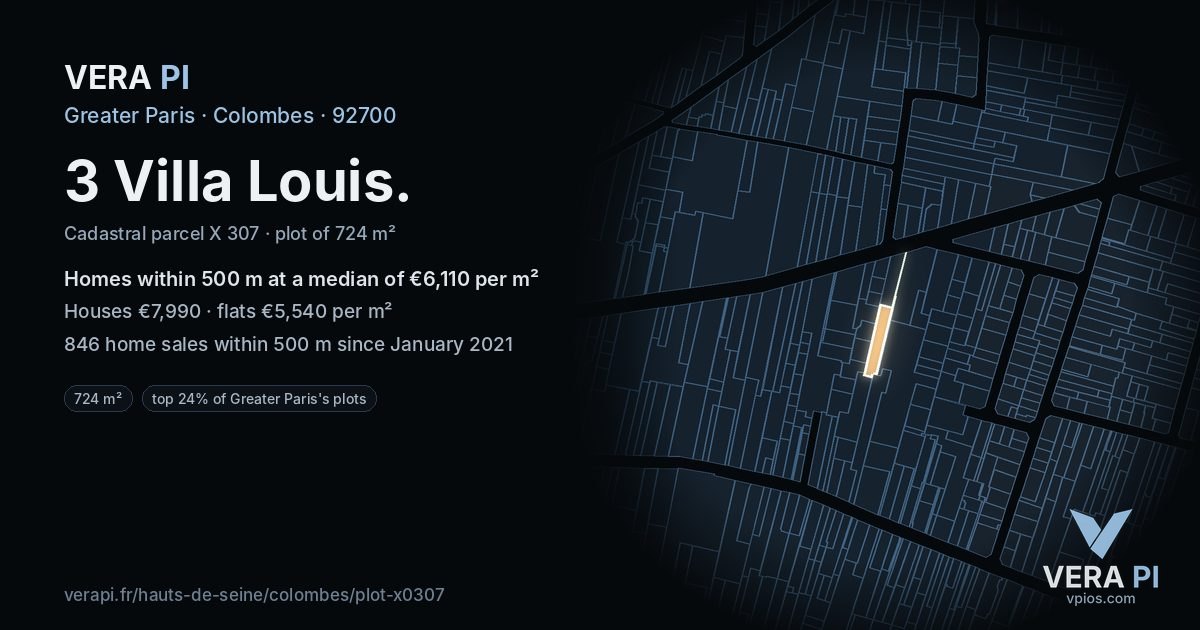 3 Villa Louis, Colombes at night – the plot lit, the parcels around coloured by the prices near them