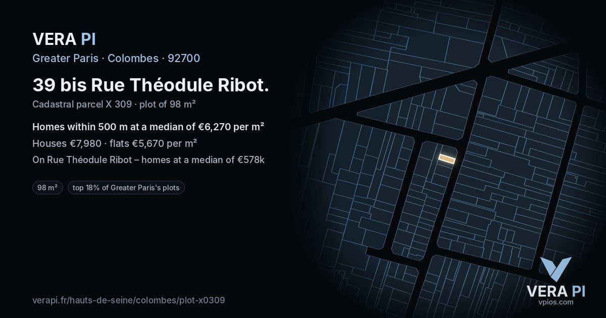 39 bis Rue Théodule Ribot, Colombes at night – the plot lit, the parcels around coloured by the prices near them