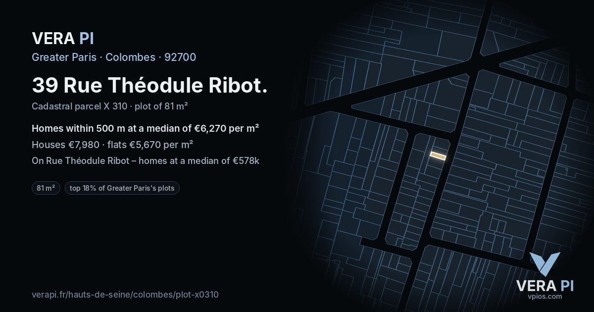 39 Rue Théodule Ribot, Colombes at night – the plot lit, the parcels around coloured by the prices near them