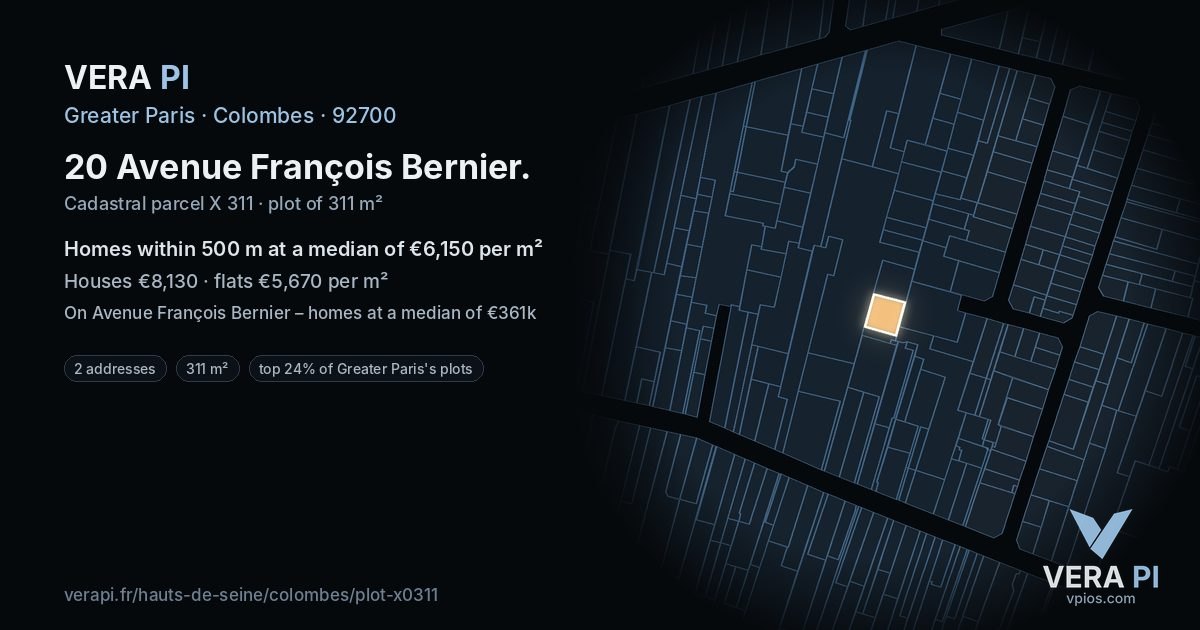 20 Avenue François Bernier, Colombes at night – the plot lit, the parcels around coloured by the prices near them