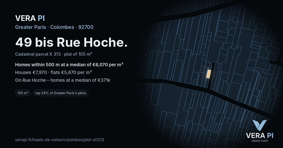 49 bis Rue Hoche, Colombes at night – the plot lit, the parcels around coloured by the prices near them