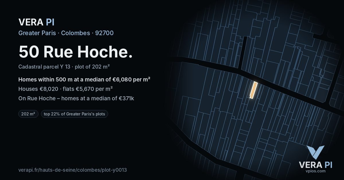 50 Rue Hoche, Colombes at night – the plot lit, the parcels around coloured by the prices near them