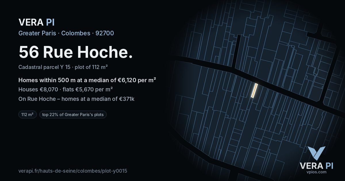 56 Rue Hoche, Colombes at night – the plot lit, the parcels around coloured by the prices near them