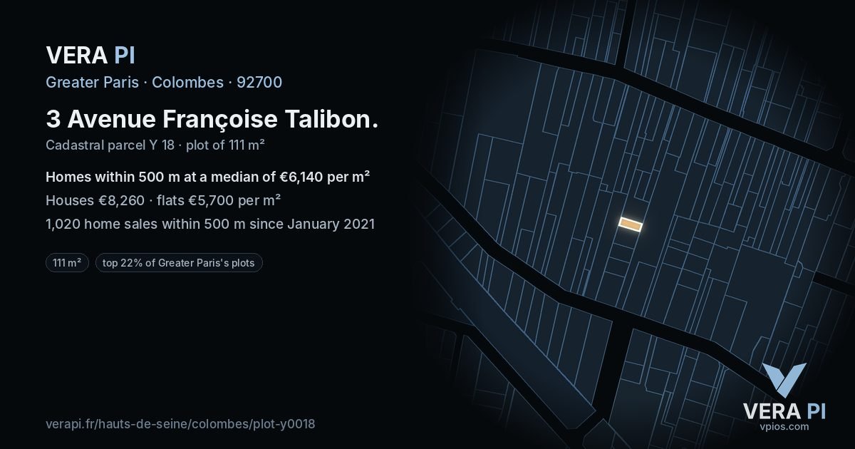 3 Avenue Françoise Talibon, Colombes at night – the plot lit, the parcels around coloured by the prices near them