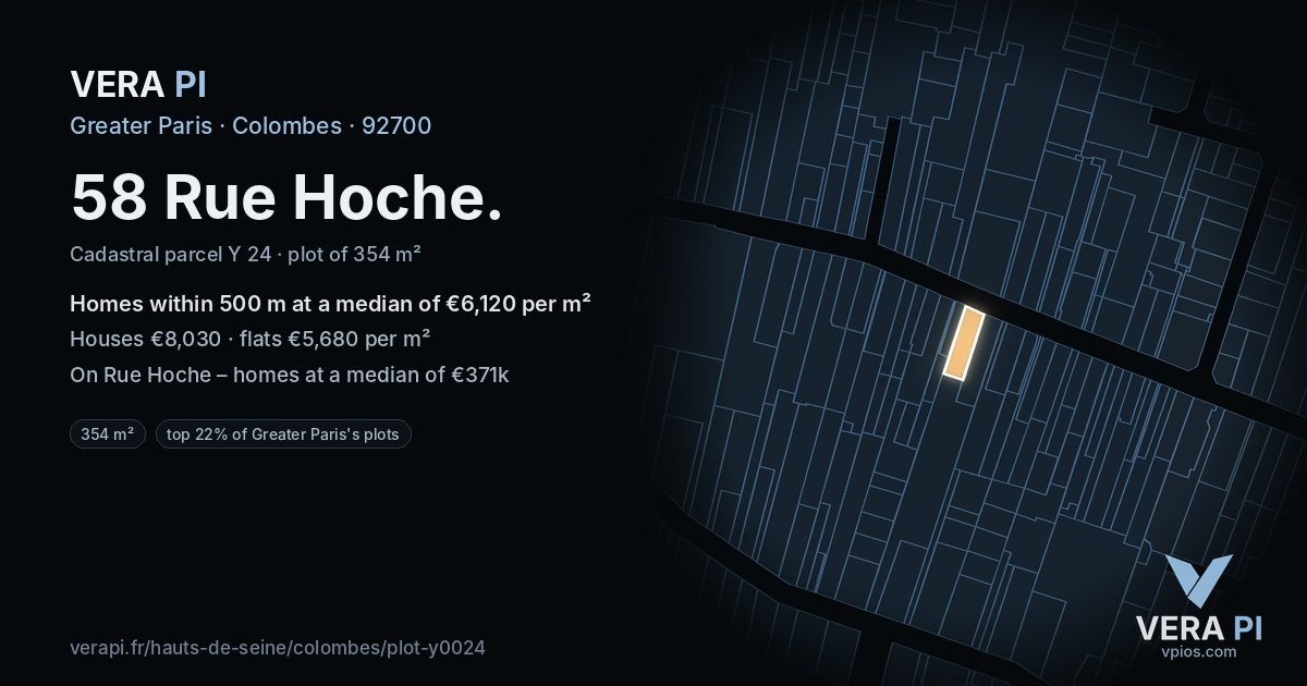 58 Rue Hoche, Colombes at night – the plot lit, the parcels around coloured by the prices near them