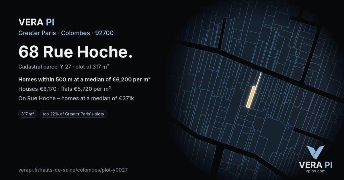 68 Rue Hoche, Colombes at night – the plot lit, the parcels around coloured by the prices near them