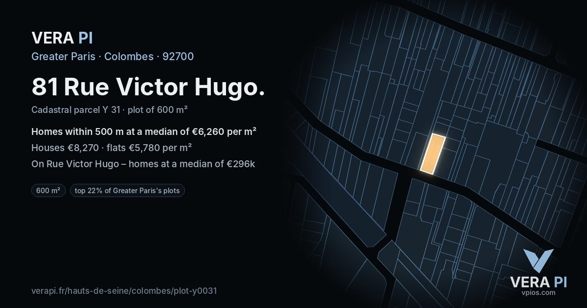 81 Rue Victor Hugo, Colombes at night – the plot lit, the parcels around coloured by the prices near them