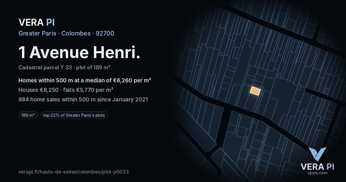 1 Avenue Henri, Colombes at night – the plot lit, the parcels around coloured by the prices near them