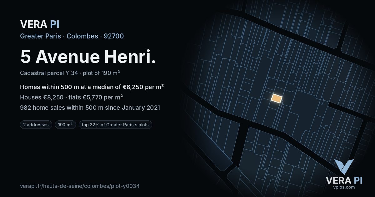 5 Avenue Henri, Colombes at night – the plot lit, the parcels around coloured by the prices near them