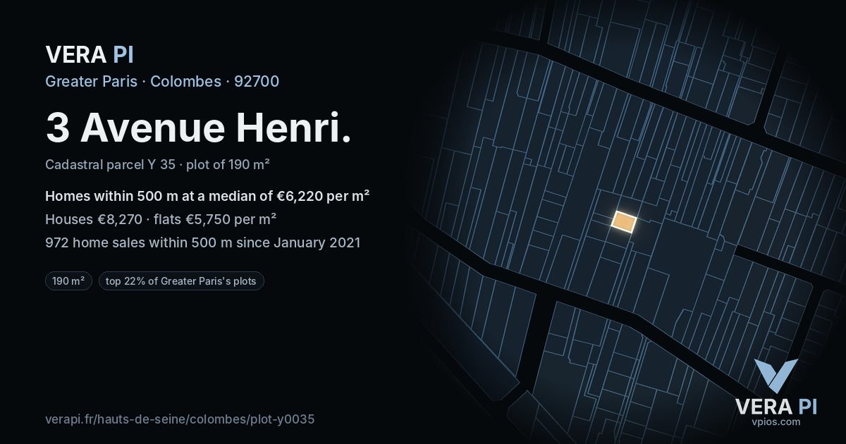 3 Avenue Henri, Colombes at night – the plot lit, the parcels around coloured by the prices near them